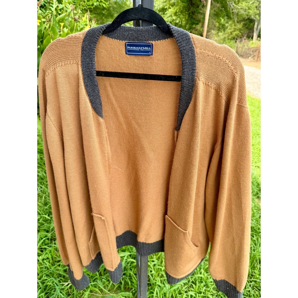 Faribault Mill Mens Merino Wool Cardigan Sweater Camel Tan Gray Made in USA L